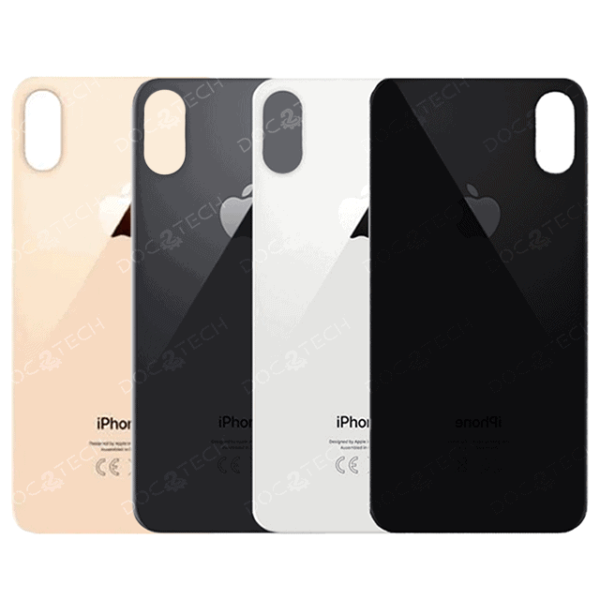 Vitre arrière iPhone XS en noir, blanc et or, pour remplacement et réparation.