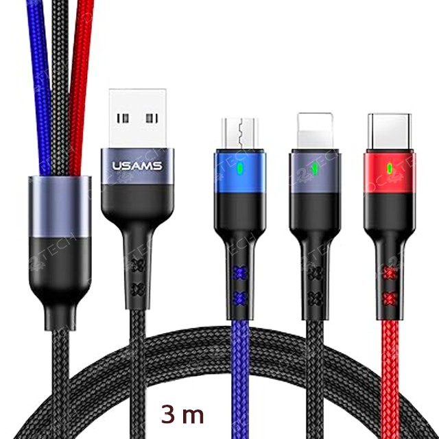 Câble 3-en-1 en nylon tressé renforcé avec connecteurs Lightning, USB-C et Micro-USB, équipé d’un témoin LED de charge.